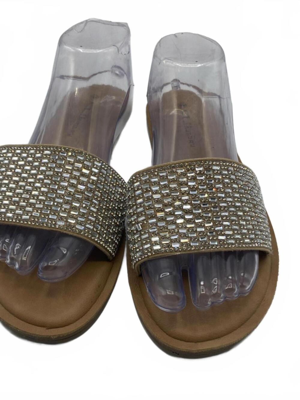 CL by Laundry Tan Slide Sandals with Clear Rhinestone Strap
